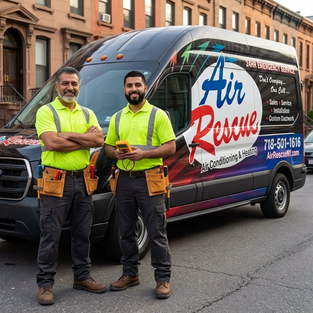 Air Rescue technicians standing in front of the Air Rescue service van in Brooklyn