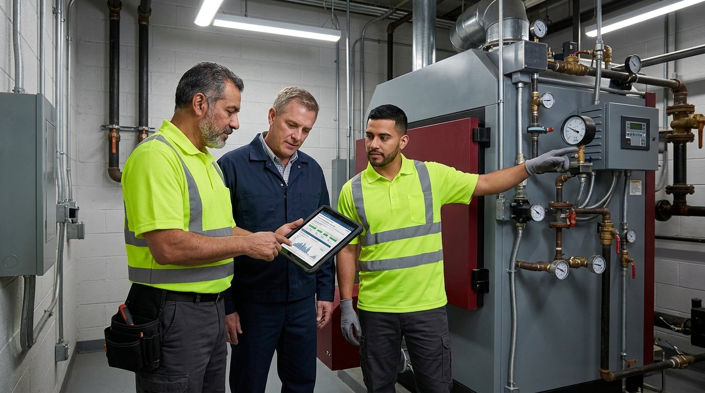 Air Rescue technicians reviewing a service report with a building engineer in a boiler room