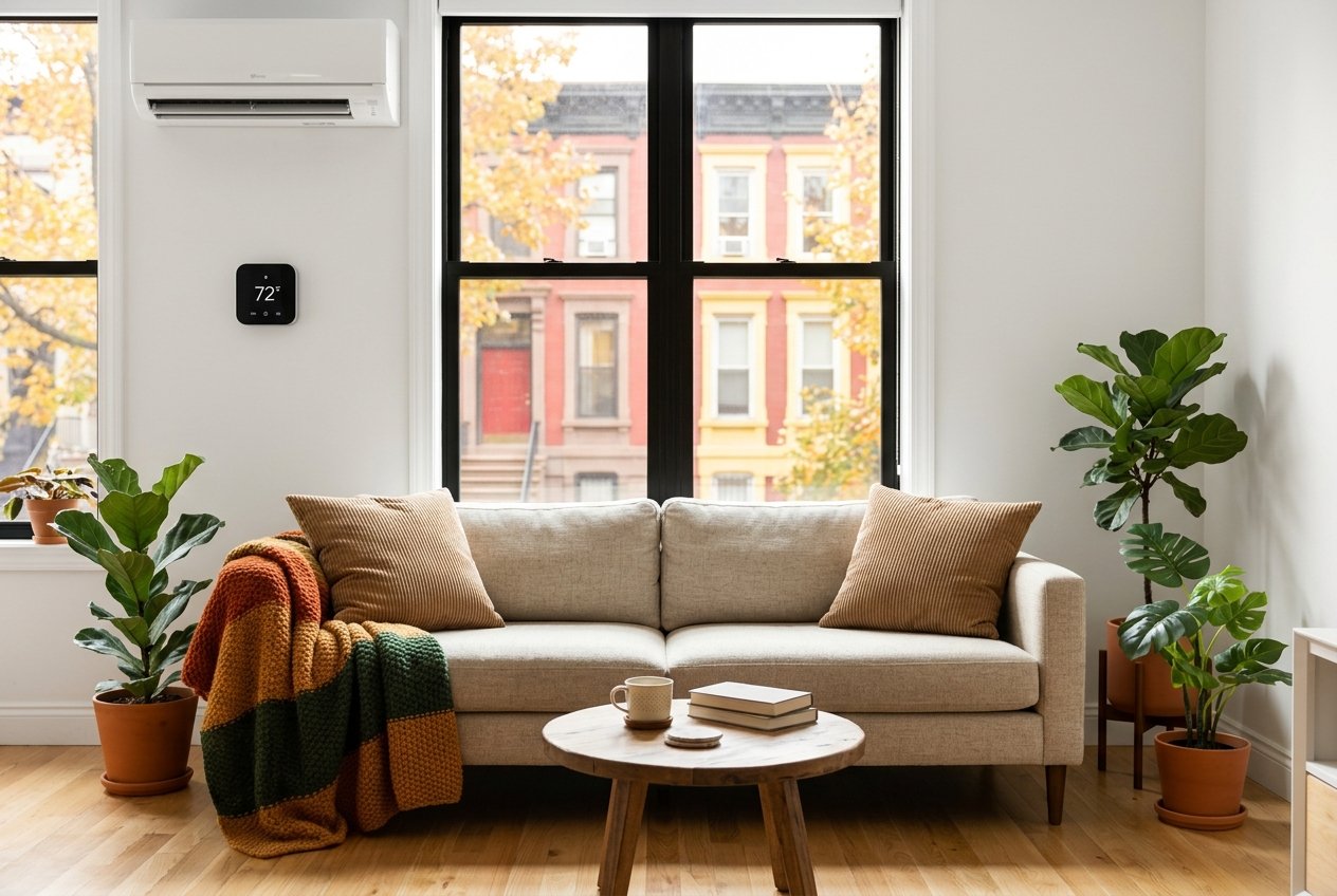 Wall-mounted ductless mini-split in a bright Brooklyn living room