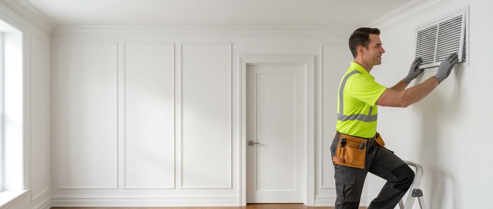 Air Rescue technician servicing a ceiling air vent in a New York apartment