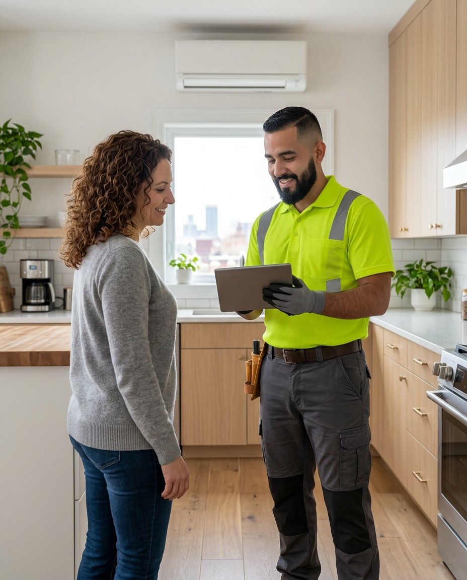 Air Rescue technician answering a homeowner&rsquo;s questions in her kitchen