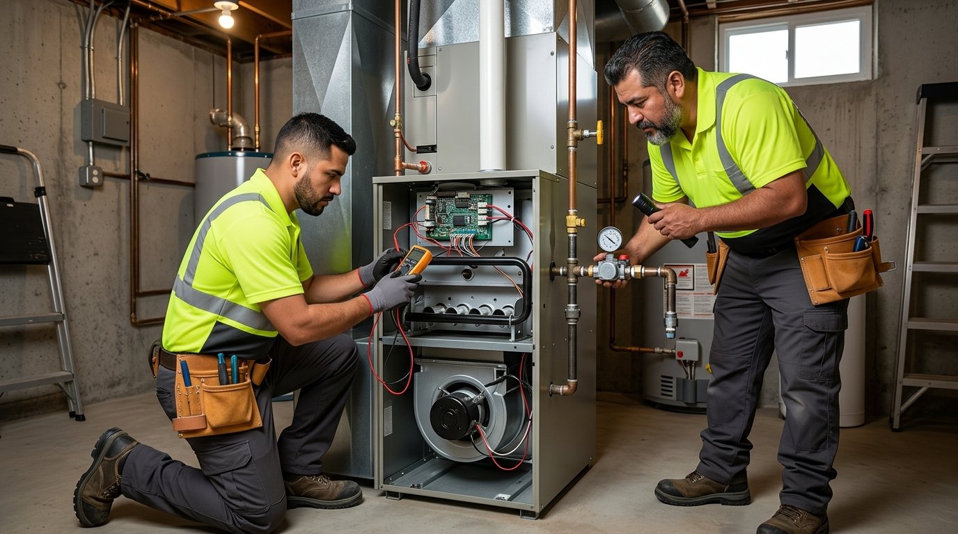 Air Rescue technicians repairing a heating system in a basement