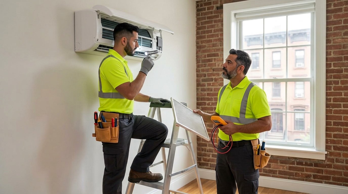 Air Rescue technicians servicing a ductless mini-split in a Brooklyn apartment