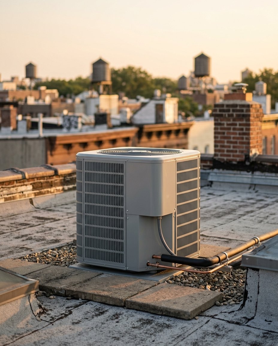 New central air conditioning condenser on a Brooklyn rooftop