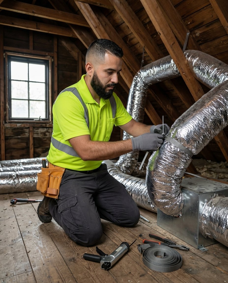 Air Rescue technician installing insulated ductwork in a New York attic