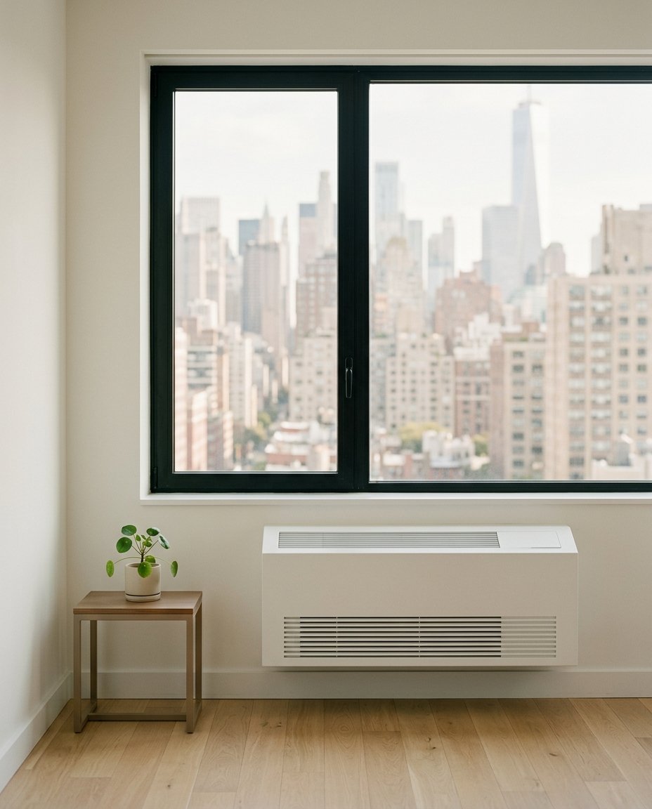 PTAC unit under a window in a Manhattan apartment